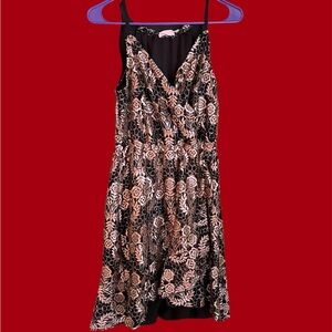 Metallic gold and black lace dress, wrap style floral, mini dress